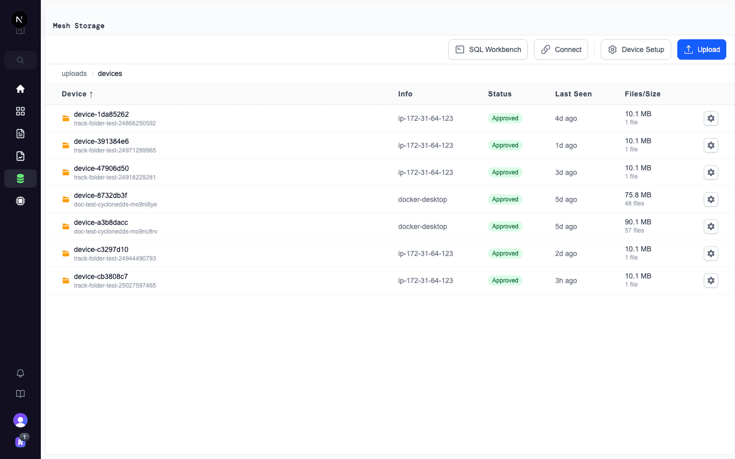 Devices list showing dashboard signals