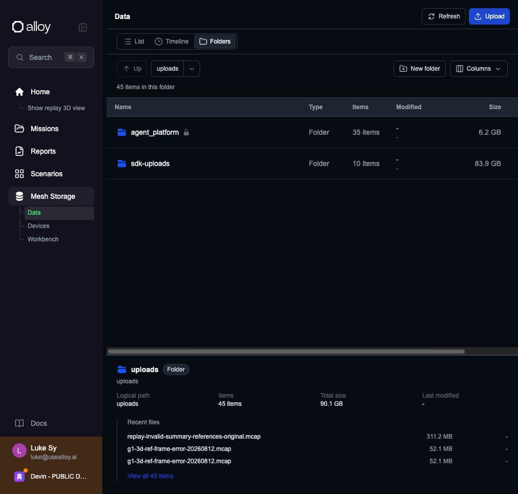 Current Mesh Storage Folders view showing uploaded files
