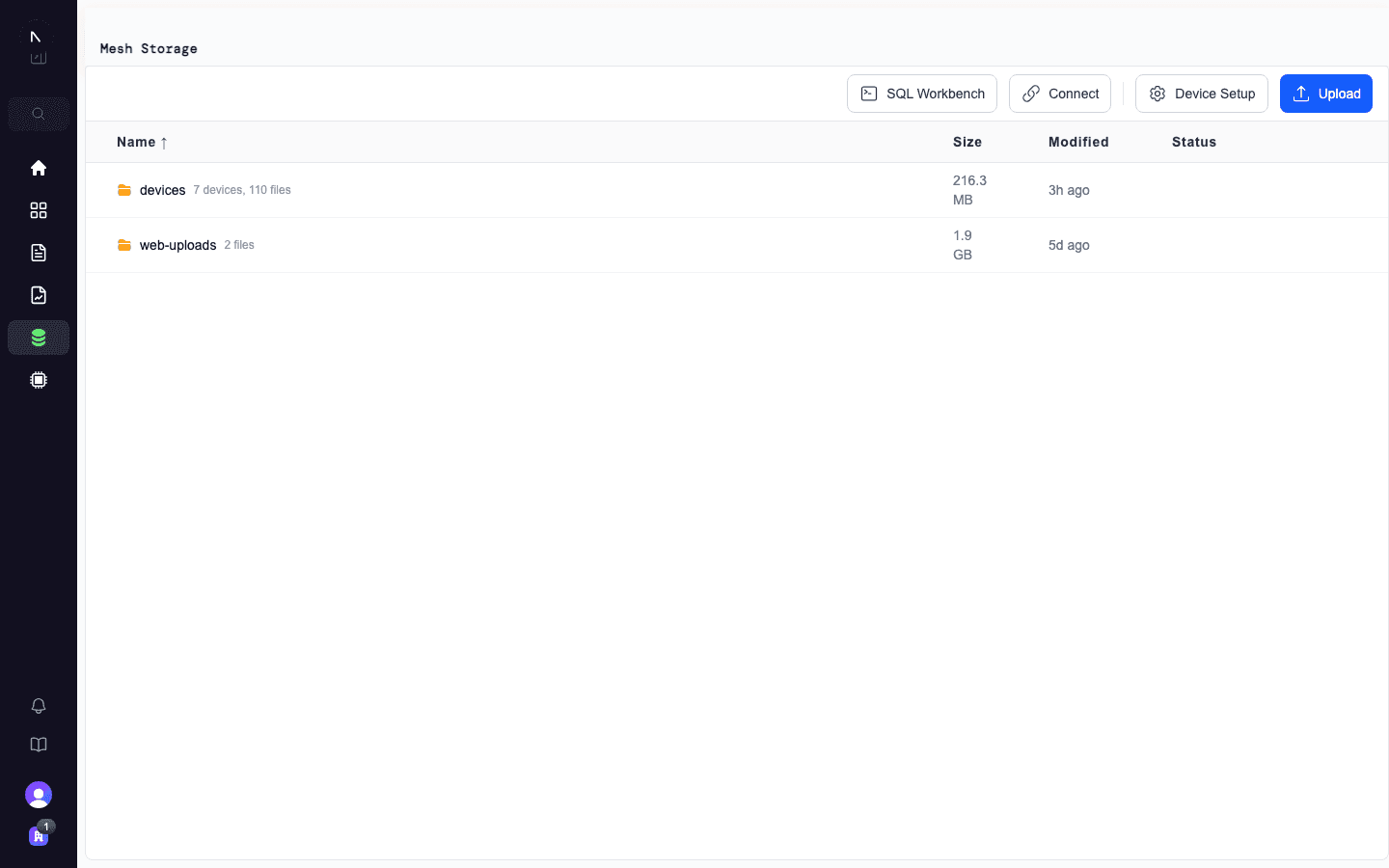 File explorer showing uploaded MCAP files