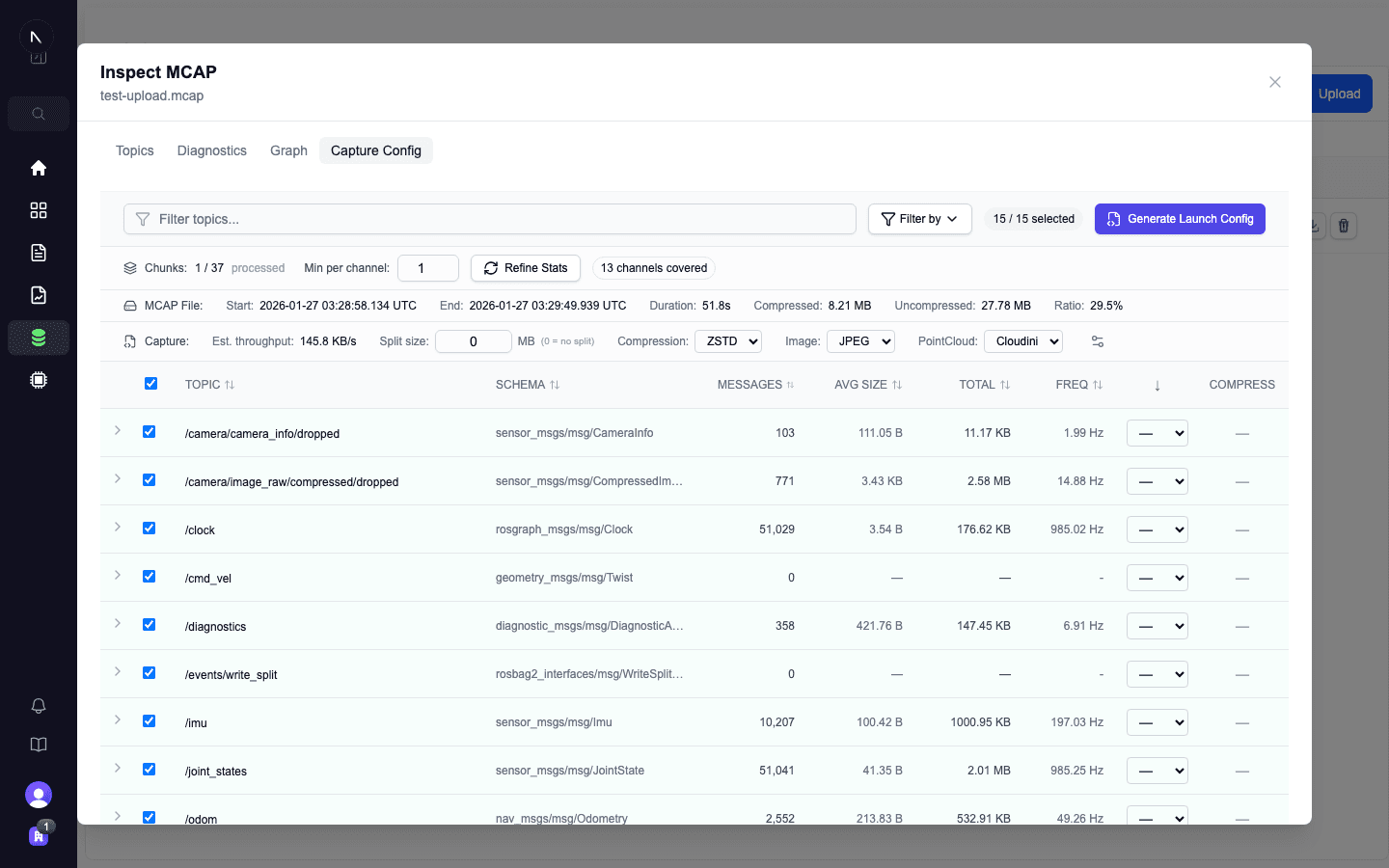 MCAP inspect showing topics, schemas, message counts, and frequencies