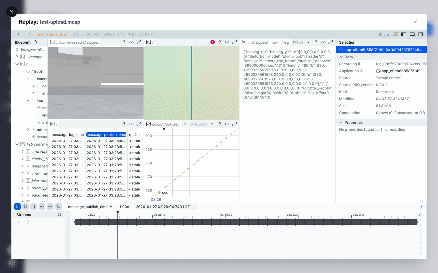 Replay viewer showing MCAP recording with sensor data and timeline