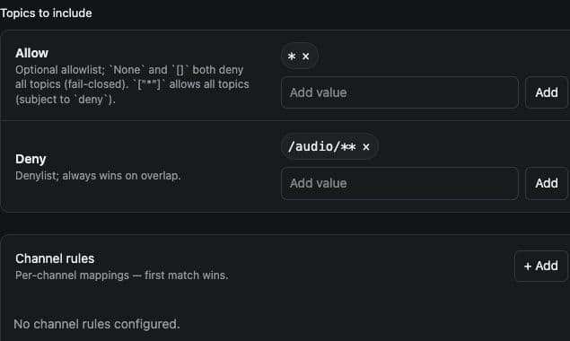 MCAP rule editor in Edge settings, allowing all topics except audio