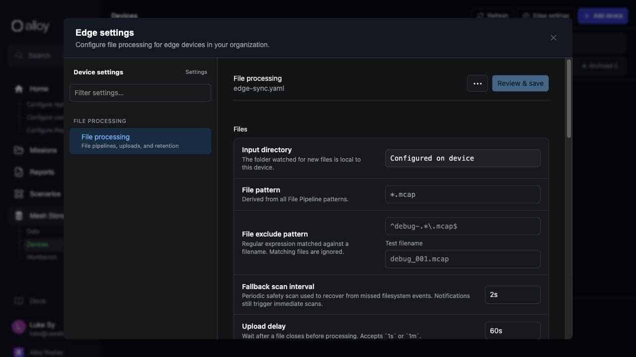 Edge settings in Alloy Web, showing file processing options and the Review & save action
