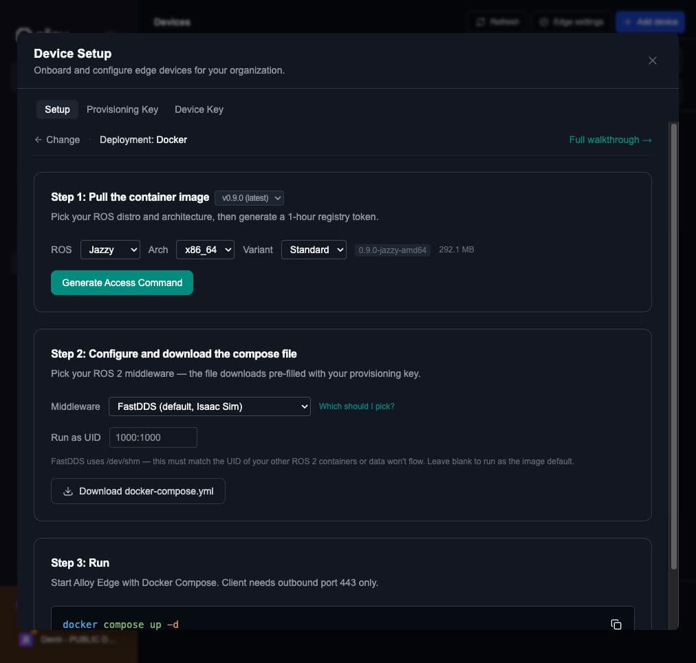 Docker setup showing image selection, registry access, and Compose download